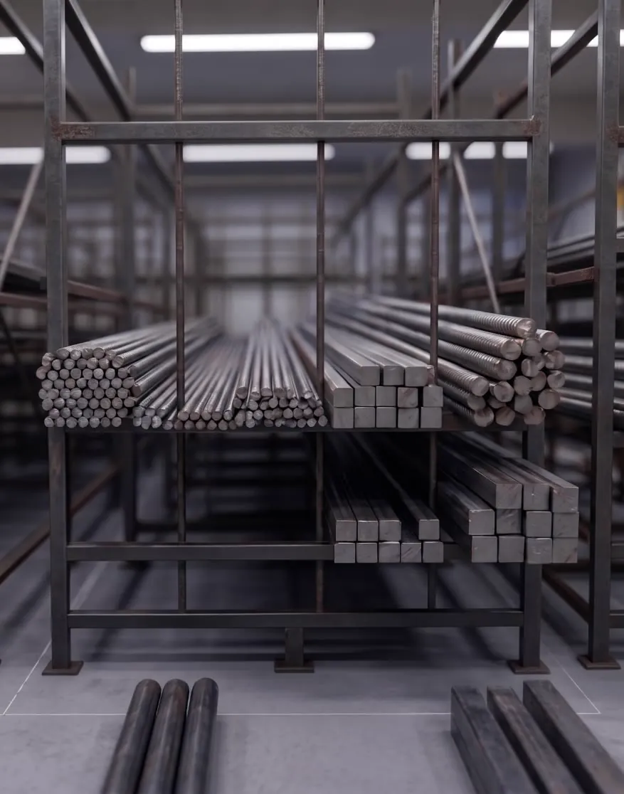 Racks of round and square steel bars