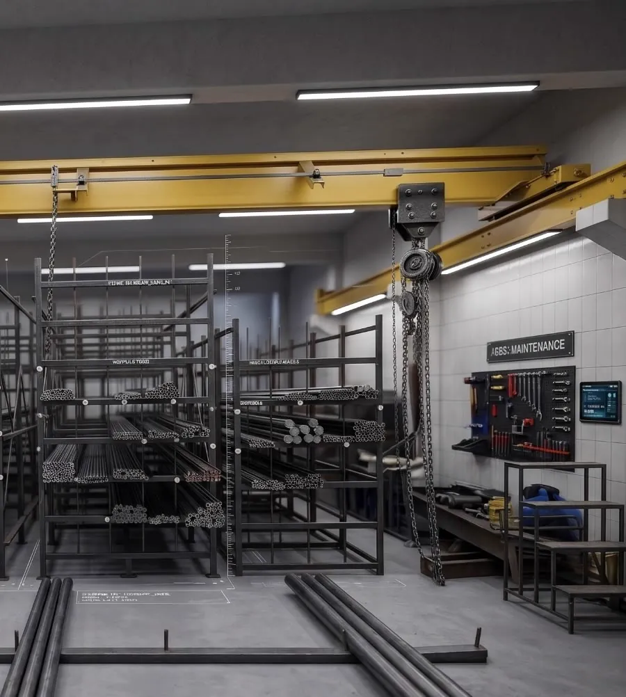Warehouse interior with racks and gantry